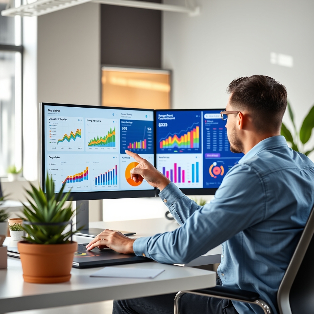 Marketing professional analyzing colorful email campaign performance charts on multiple computer monitors in modern office environment